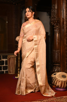 Mahalakshmi Premium ~ Viscose Tissue Saree with Hand-Embroidered Kantha Work in Beige Pink
