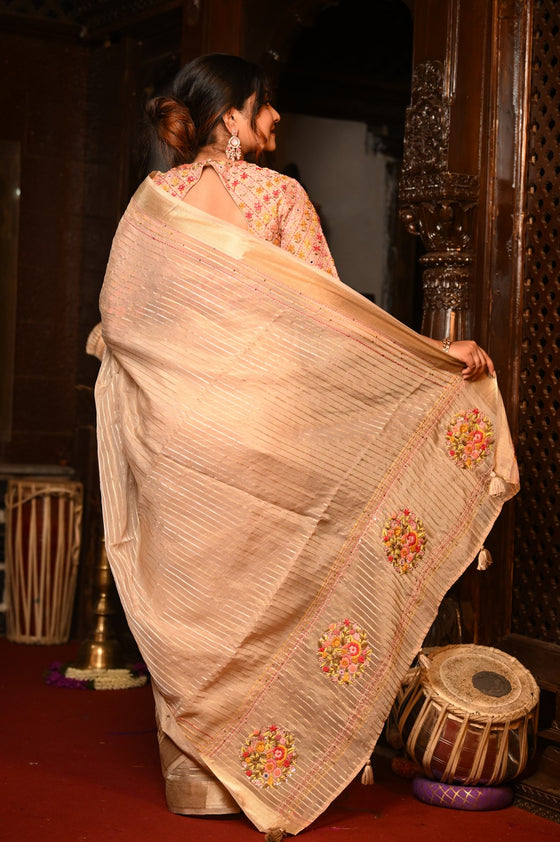 Mahalakshmi Premium ~ Viscose Tissue Saree with Hand-Embroidered Kantha Work in Beige Pink