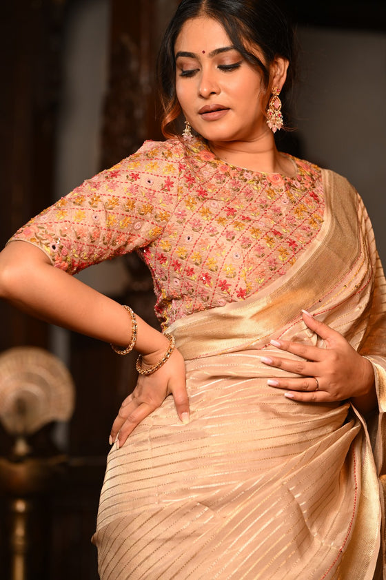 Mahalakshmi Premium ~ Viscose Tissue Saree with Hand-Embroidered Kantha Work in Beige Pink