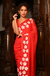 Mahalakshmi ~ Pure Mul Cotton Handloom Saree with Beautiful Floral Handpaint ~ Red