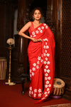 Mahalakshmi ~ Pure Mul Cotton Handloom Saree with Beautiful Floral Handpaint ~ Red