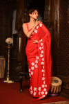 Mahalakshmi ~ Pure Mul Cotton Handloom Saree with Beautiful Floral Handpaint ~ Red
