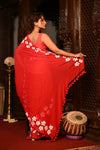 Mahalakshmi ~ Pure Mul Cotton Handloom Saree with Beautiful Floral Handpaint ~ Red