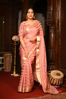  Mahalakshmi Premium ~ Viscose Tissue Saree with Hand-Embroidered Kantha Work in Peach Pink