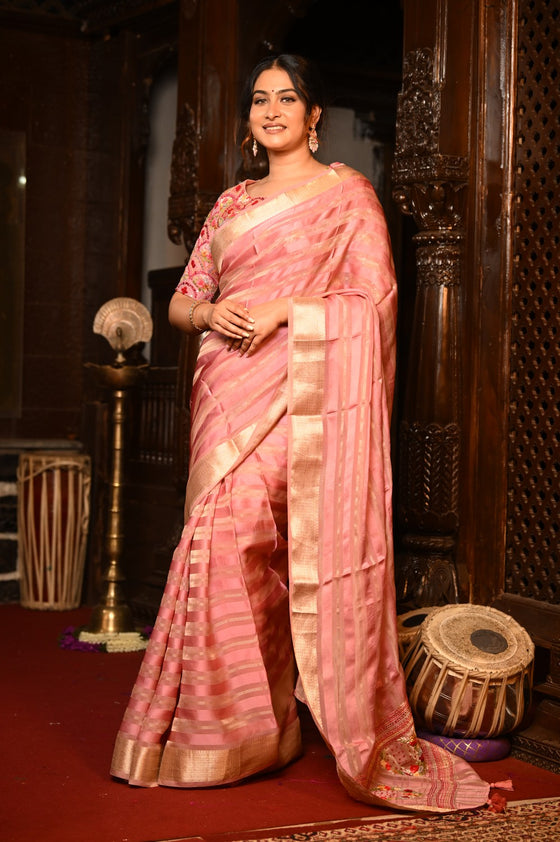 Mahalakshmi Premium ~ Viscose Tissue Saree with Hand-Embroidered Kantha Work in Peach Pink