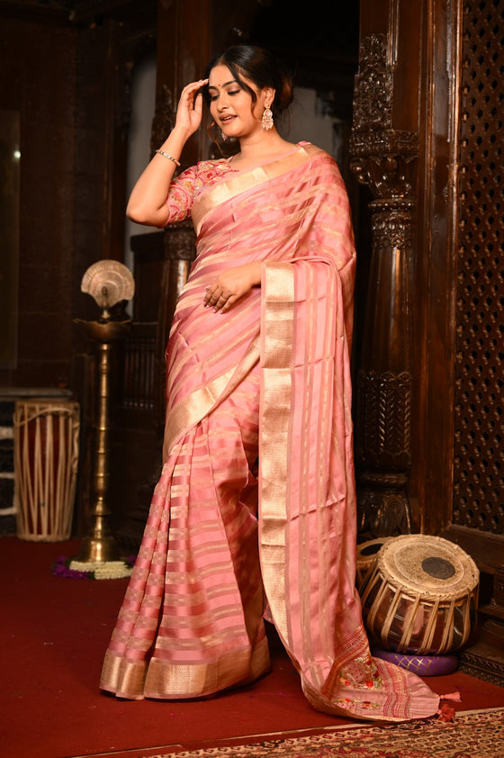Mahalakshmi Premium ~ Viscose Tissue Saree with Hand-Embroidered Kantha Work in Peach Pink