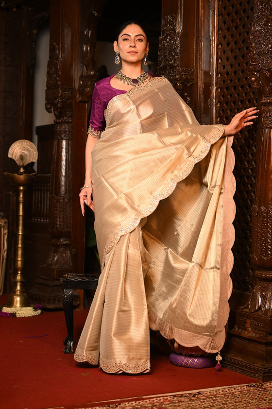 Mahalakshmi Premium ~ Viscose Tissue Saree with Hand-Embroidered Gota Patti in Ivory with Ready Blouse