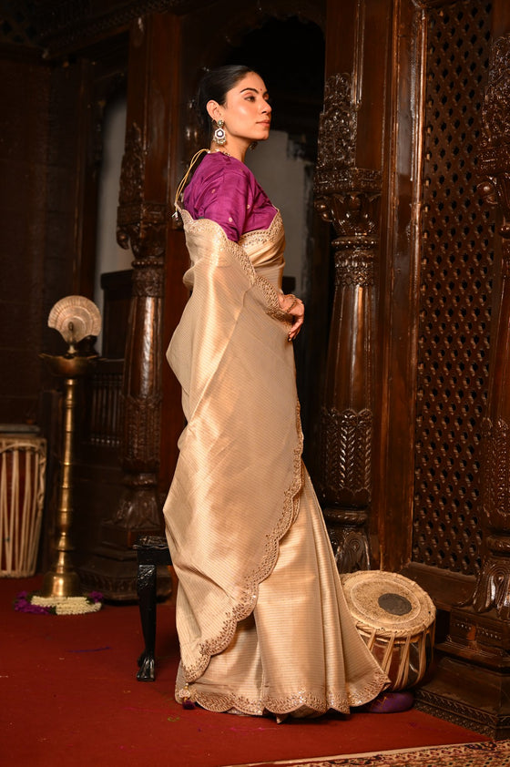 Mahalakshmi Premium ~ Viscose Tissue Saree with Hand-Embroidered Gota Patti in Ivory with Ready Blouse