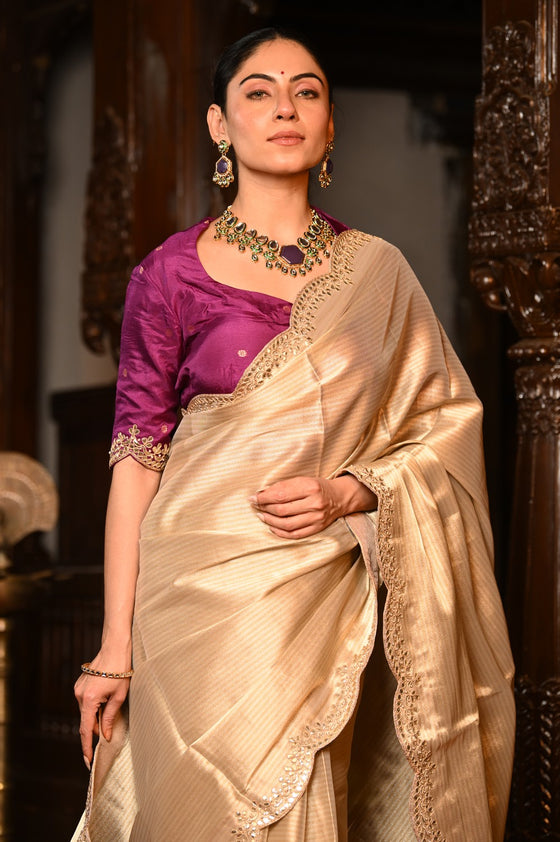 Mahalakshmi Premium ~ Viscose Tissue Saree with Hand-Embroidered Gota Patti in Ivory with Ready Blouse