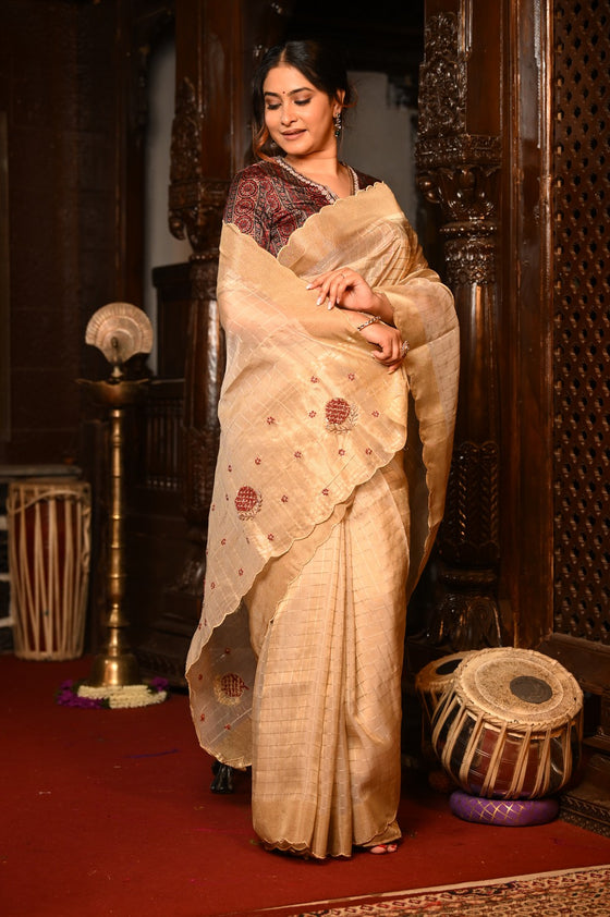 Mahalakshmi Premium ~ Viscose Tissue Saree with Cut Work Border in Beige