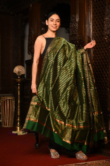  Mahalakshmi ~Handloom Cotton Silk Duppata With Beautiful Print and Designer Tassels ~ Green