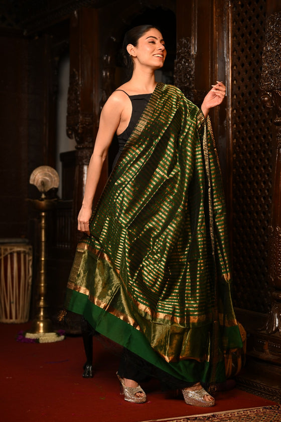 Mahalakshmi ~Handloom Cotton Silk Duppata With Beautiful Print and Designer Tassels ~ Green