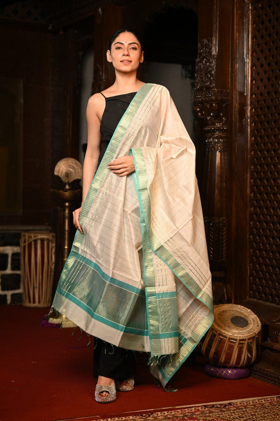 Mahalakshmi ~Handloom Cotton Silk Duppata With Beautiful Print and Designer Tassels ~ Shwet