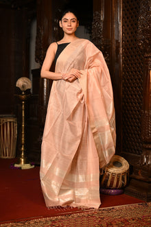  Mahalakshmi ~Handloom Cotton Silk Duppata With Beautiful Print and Designer Tassels ~Creme Peach