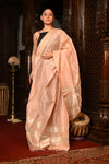 Mahalakshmi ~Handloom Cotton Silk Duppata With Beautiful Print and Designer Tassels ~Creme Peach