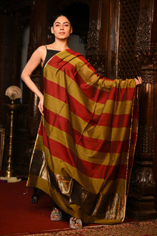 Mahalakshmi ~Handloom Cotton Silk Duppata With Beautiful Print and Designer Tassels ~ Gold Red