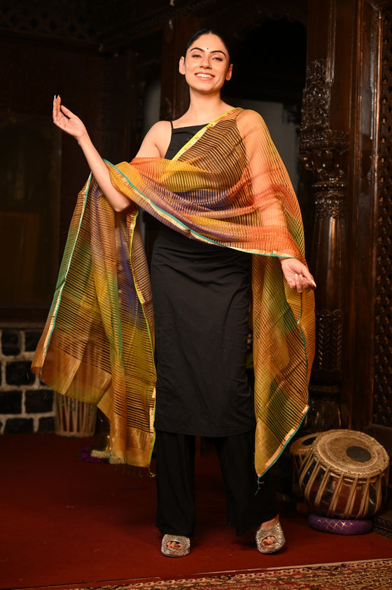 Mahalakshmi ~Handloom Cotton Silk Duppata With Beautiful Print and Designer Tassels ~ Shades of Yellow