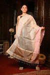 Mahalakshmi ~Handloom Cotton Silk Duppata With Beautiful Print and Designer Tassels ~ White Gold