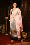 Mahalakshmi ~Handloom Cotton Silk Duppata With Beautiful Print and Designer Tassels ~ White Gold