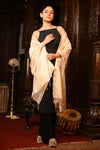 Mahalakshmi ~Handloom Cotton Silk Duppata With Beautiful Print and Designer Tassels ~ White Gold Stripes