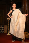 Mahalakshmi ~Handloom Cotton Silk Duppata With Beautiful Print and Designer Tassels ~ White Gold Stripes
