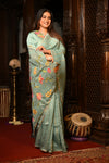 Mahalakshmi Premium ~ Viscose Tissue Saree with Hand-Embroidered Kantha Work in Aqua Blue