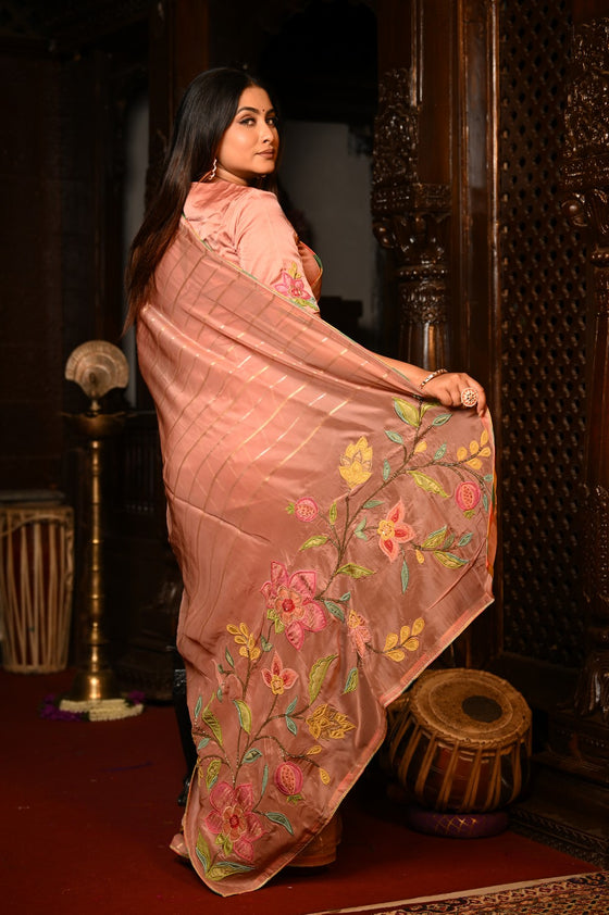 Mahalakshmi Premium ~ Viscose Tissue Saree with Hand-Embroidered Kantha Work in Orange