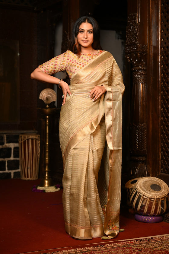Mahalakshmi Premium ~ Viscose Tissue Saree with Hand-Embroidered Kantha Work in Delicate Gold