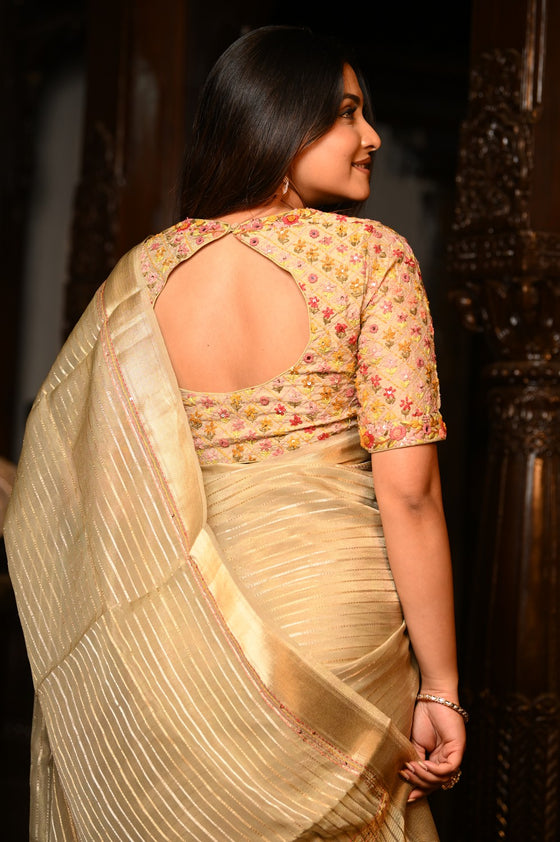 Mahalakshmi Premium ~ Viscose Tissue Saree with Hand-Embroidered Kantha Work in Delicate Gold