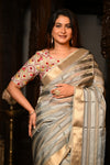 Mahalakshmi Premium ~ Viscose Tissue Saree with Hand-Embroidered Kantha Work in Silver Gold