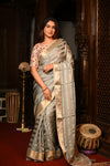 Mahalakshmi Premium ~ Viscose Tissue Saree with Hand-Embroidered Kantha Work in Silver Gold