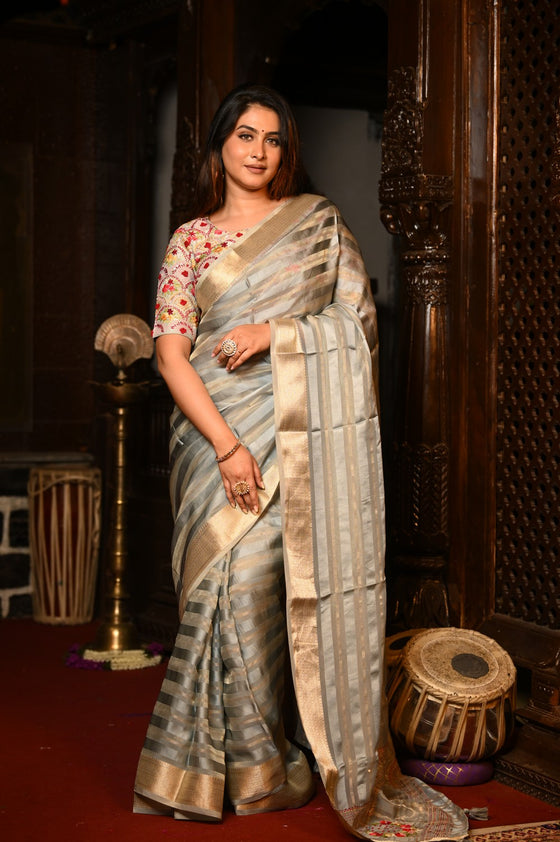 Mahalakshmi Premium ~ Viscose Tissue Saree with Hand-Embroidered Kantha Work in Silver Gold