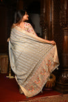 Mahalakshmi Premium ~ Viscose Tissue Saree with Hand-Embroidered Kantha Work in Silver Gold