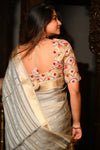 Mahalakshmi Premium ~ Viscose Tissue Saree with Hand-Embroidered Kantha Work in Silver Gold