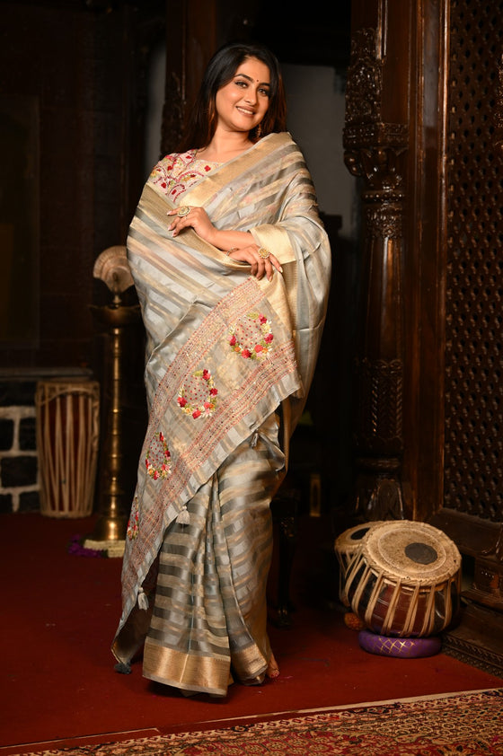 Mahalakshmi Premium ~ Viscose Tissue Saree with Hand-Embroidered Kantha Work in Silver Gold