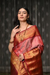 Mahalakshmi ~ Gadwal Pure Silk Handloom Saree with All Over Brocade Checks in Peach Pink and Red