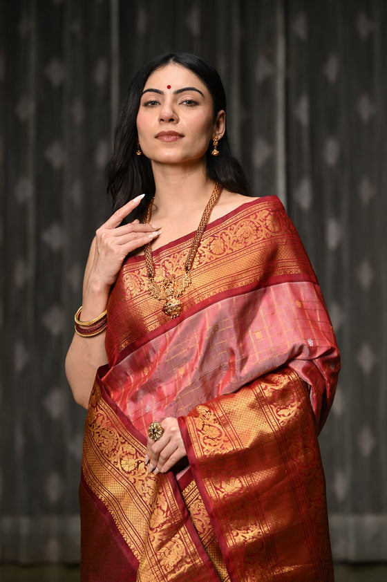 Mahalakshmi ~ Gadwal Pure Silk Handloom Saree with All Over Brocade Checks in Peach Pink and Red