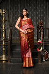 Mahalakshmi ~ Gadwal Pure Silk Handloom Saree with All Over Brocade Checks in Peach Pink and Red
