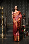 Mahalakshmi ~ Gadwal Pure Silk Handloom Saree with All Over Brocade Checks in Peach Pink and Red
