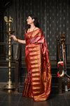 Mahalakshmi ~ Gadwal Pure Silk Handloom Saree with All Over Brocade Checks in Peach Pink and Red
