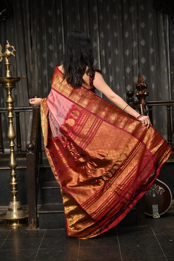 Mahalakshmi ~ Gadwal Pure Silk Handloom Saree with All Over Brocade Checks in Peach Pink and Red