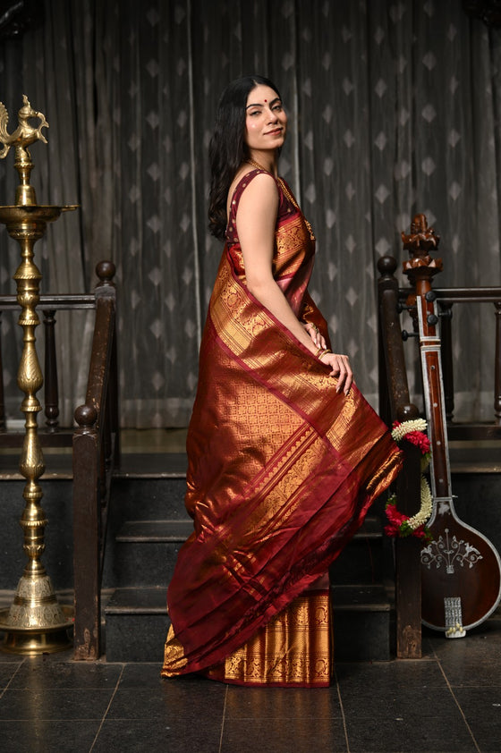 Mahalakshmi ~ Gadwal Pure Silk Handloom Saree with All Over Brocade Checks in Peach Pink and Red