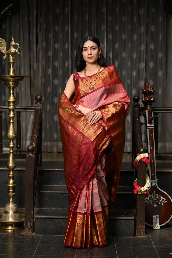 Mahalakshmi ~ Gadwal Pure Silk Handloom Saree with All Over Brocade Checks in Peach Pink and Red