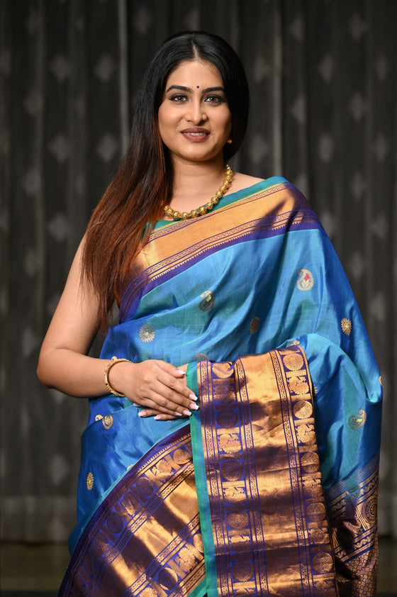 Mahalakshmi ~ Gadwal Pure Silk Handloom Saree in Azure Blue and Cyan Blue