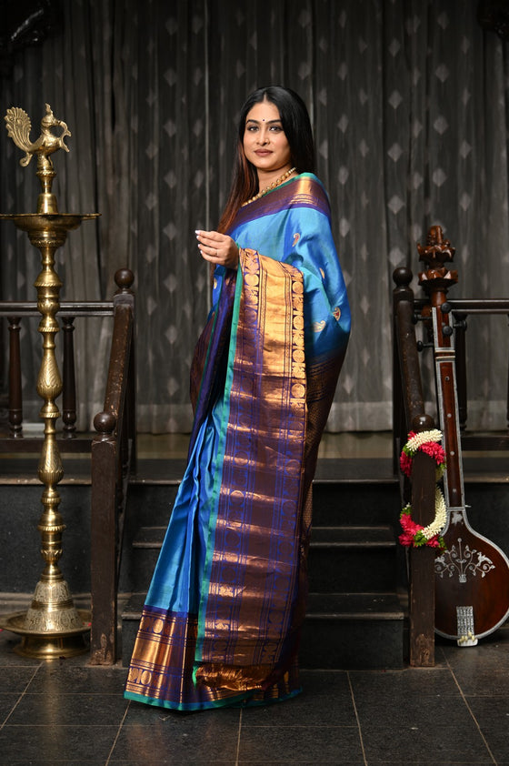 Mahalakshmi ~ Gadwal Pure Silk Handloom Saree in Azure Blue and Cyan Blue