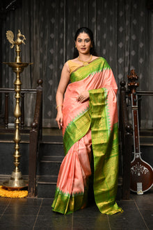  Mahalakshmi ~ Gadwal Pure Silk Handloom Saree in Peach Orange and Leaf Green
