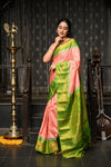 Mahalakshmi ~ Gadwal Pure Silk Handloom Saree in Peach Orange and Leaf Green