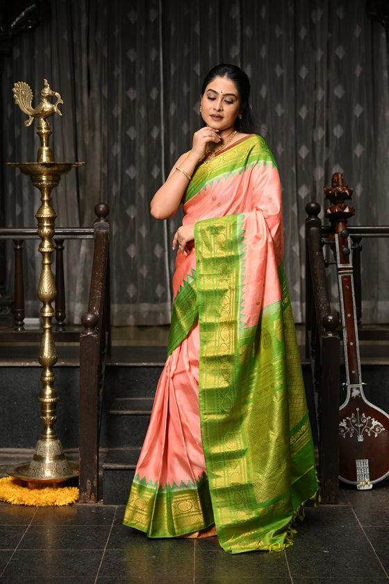 Mahalakshmi ~ Gadwal Pure Silk Handloom Saree in Peach Orange and Leaf Green