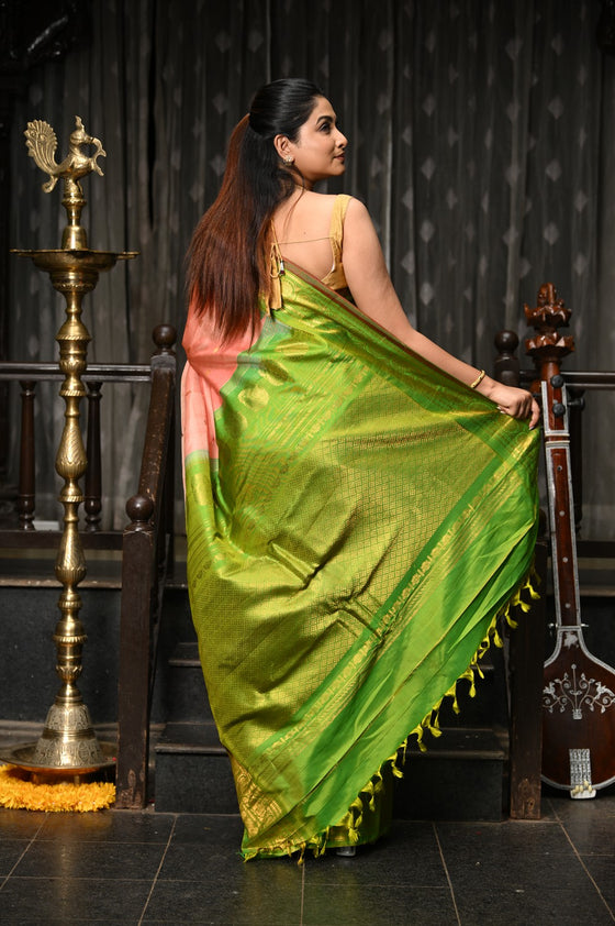 Mahalakshmi ~ Gadwal Pure Silk Handloom Saree in Peach Orange and Leaf Green