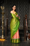 Mahalakshmi ~ Gadwal Pure Silk Handloom Saree in Peach Orange and Leaf Green
